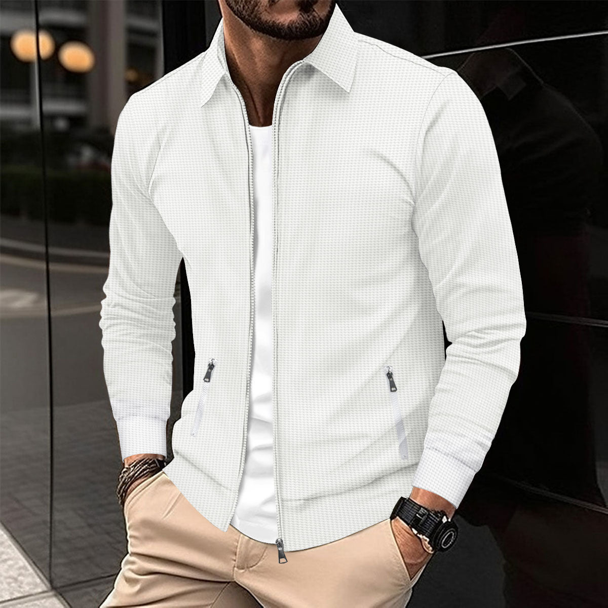 Men's Waffle Knit Zip-Up Pocket Lapel Slim-Fit Jacket