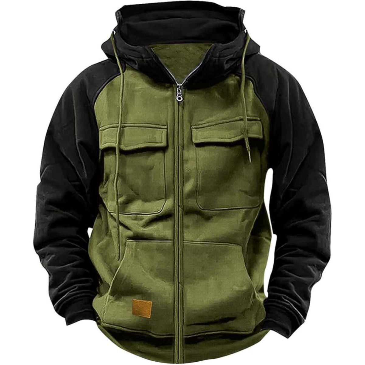 New Men's Solid Color Hoodie Youth Multi-Pocket Leather Patch Workwear