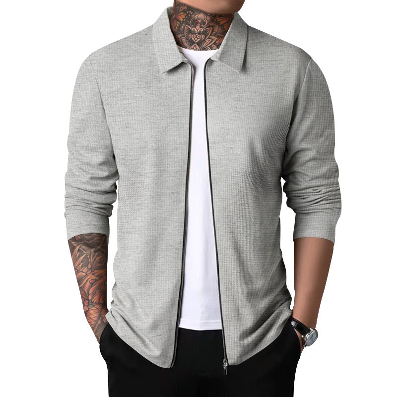 New Men's Zip-Up Waffle Knit Jacket Casual Long-Sleeve Lapel Coat