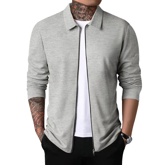 New Men's Zip-Up Waffle Knit Jacket Casual Long-Sleeve Lapel Coat