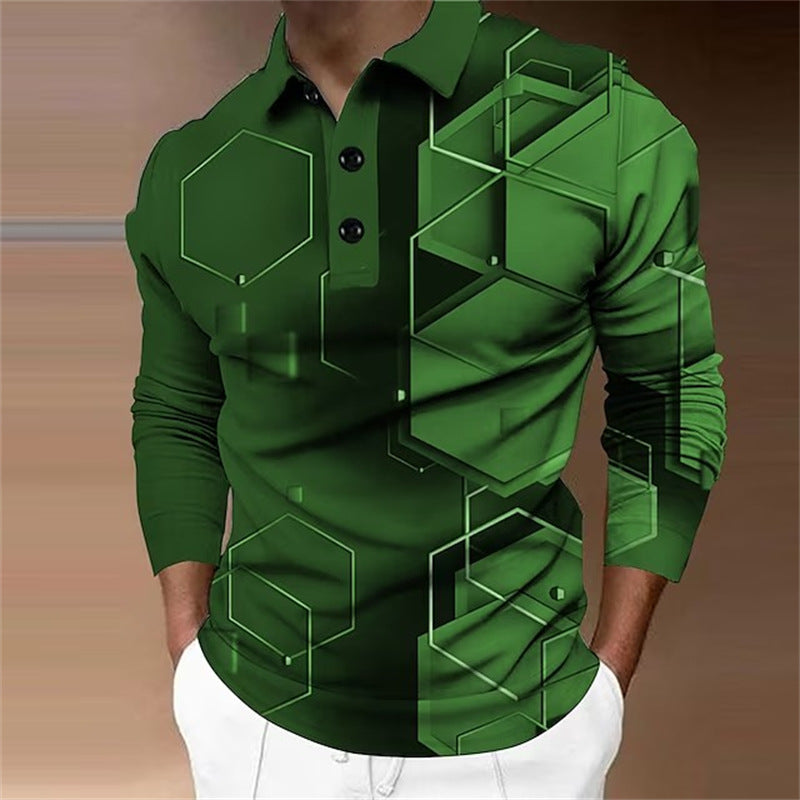 New New Trendy Casual Geometric Pattern Men's Long Sleeve Turn-Down Collar Polo Shirt