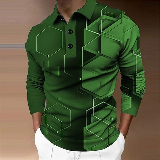 New New Trendy Casual Geometric Pattern Men's Long Sleeve Turn-Down Collar Polo Shirt