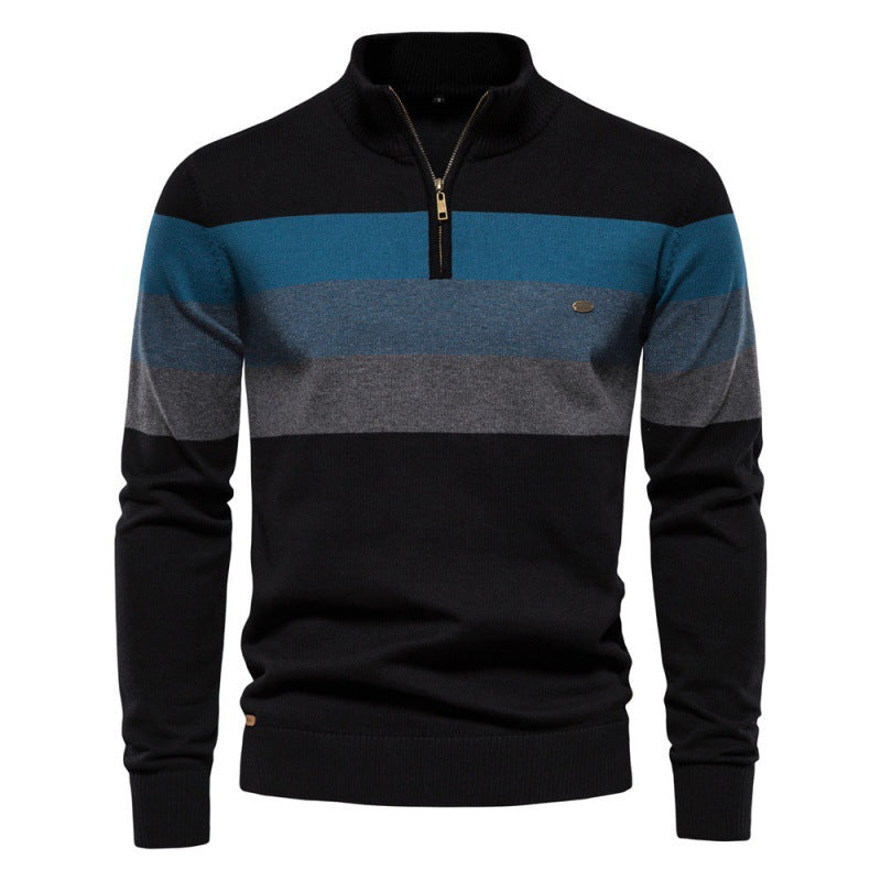 Trendy Men’s Semi-Zip Striped Knit Sweater – Color-Block Design