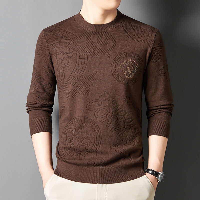 New Knit Sweater Men's Round Neck Jacquard Korean Trendy Long-Sleeve Casual Base Layer Top