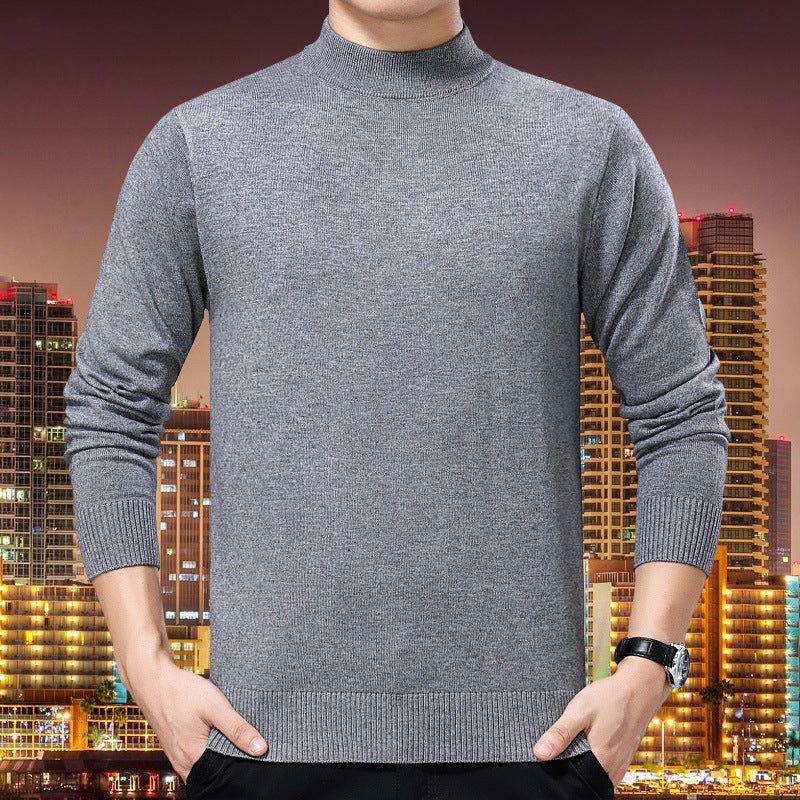 New Semi-Turtleneck Solid Color Sweater – Middle-Aged Men's Warm Stretch Knitwear with Mid-Neck Design