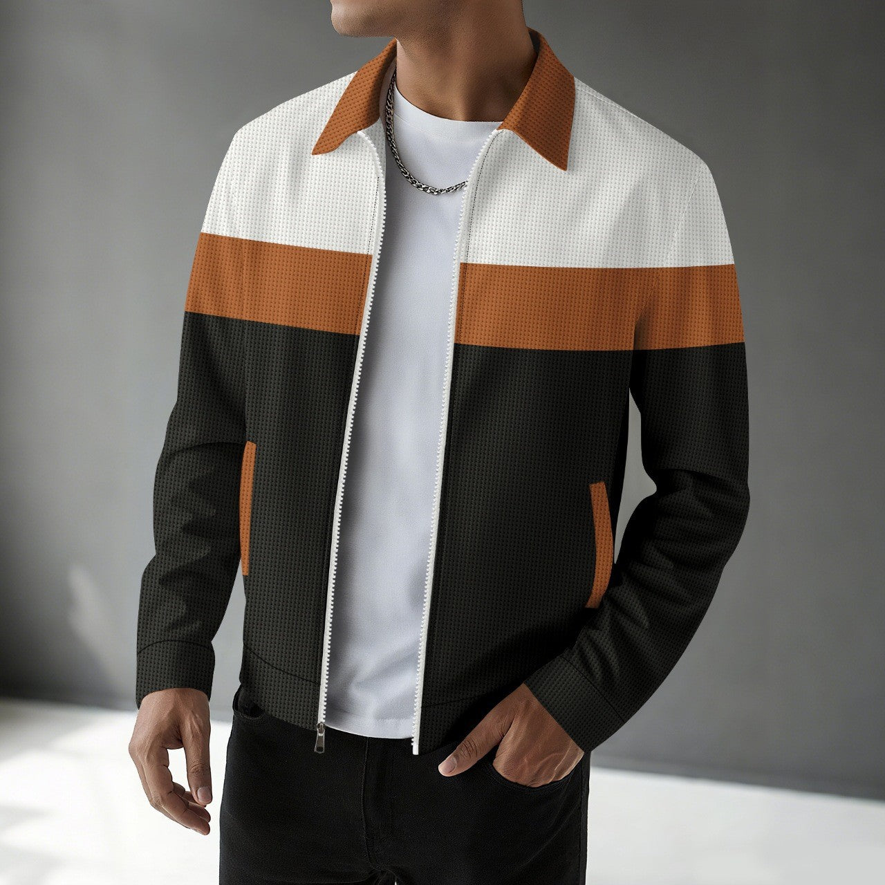 Men’s Autumn Colorblock Waffle Jacket Zip Pocket Turn-Down Collar Cardigan Slim Fit Jacket