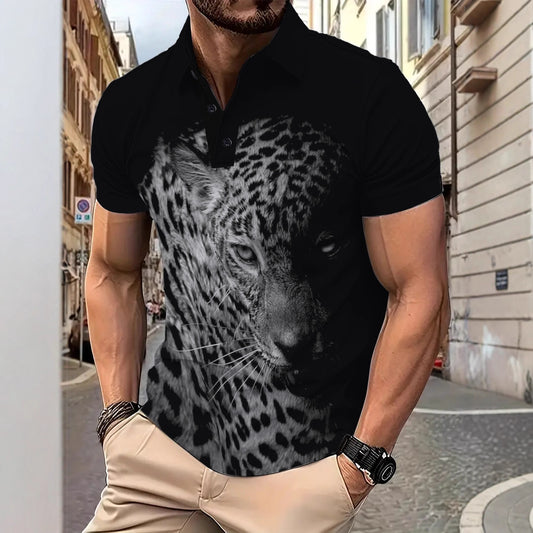 New Men's Shirt Leopard Pattern 3D Digital Print Turn-Down Collar Polo Shirt Street Casual Short Sleeve Black