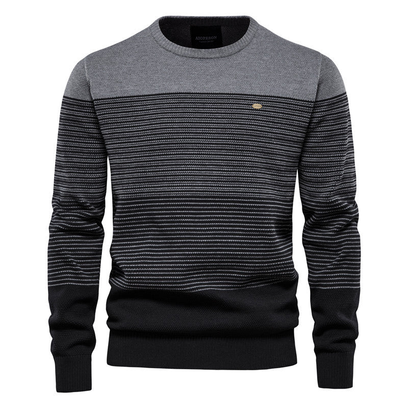 Retro Long-Sleeve Trendy Men's Sweater Slim Round Neck Striped Knit Fashion Top