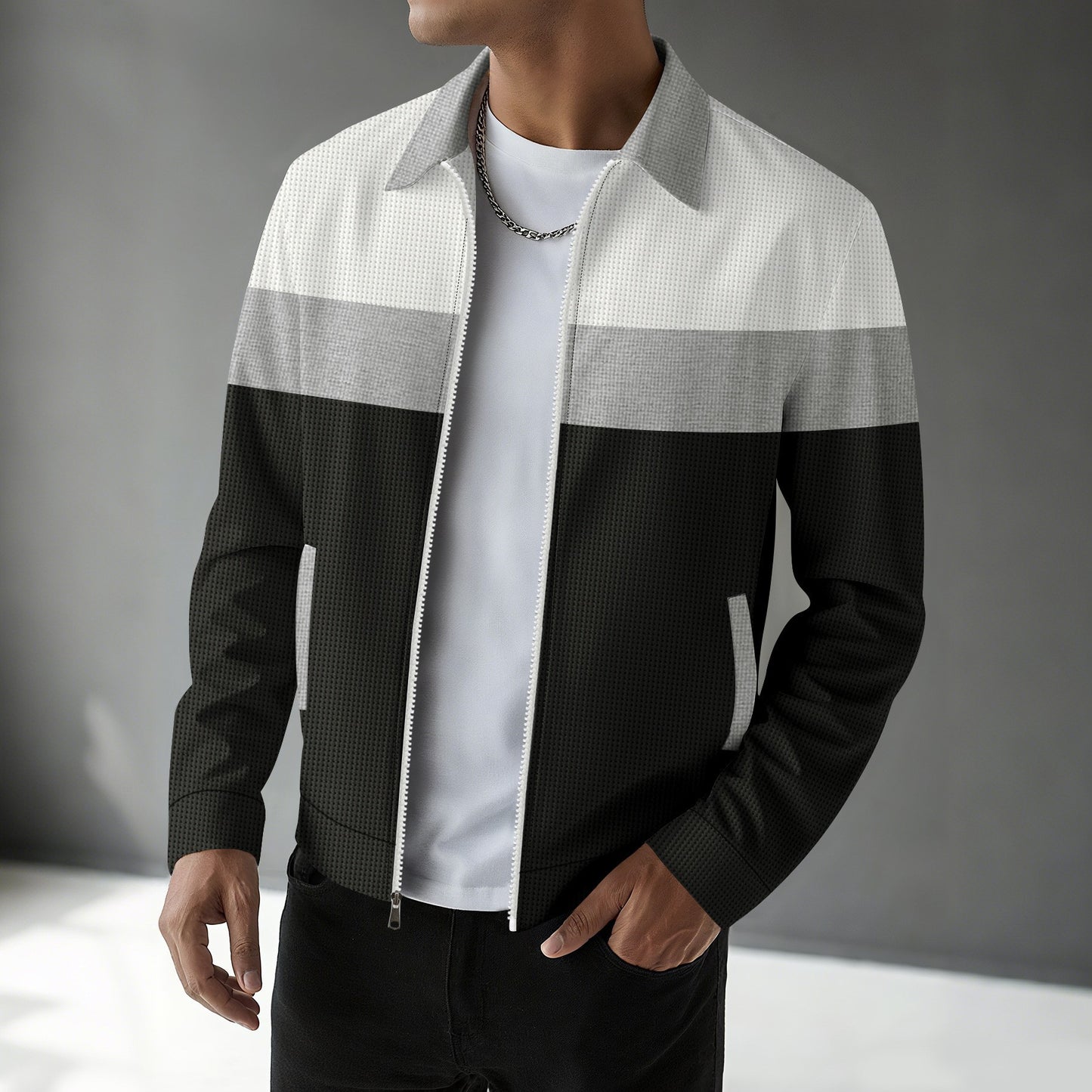 Men’s Autumn Colorblock Waffle Jacket Zip Pocket Turn-Down Collar Cardigan Slim Fit Jacket