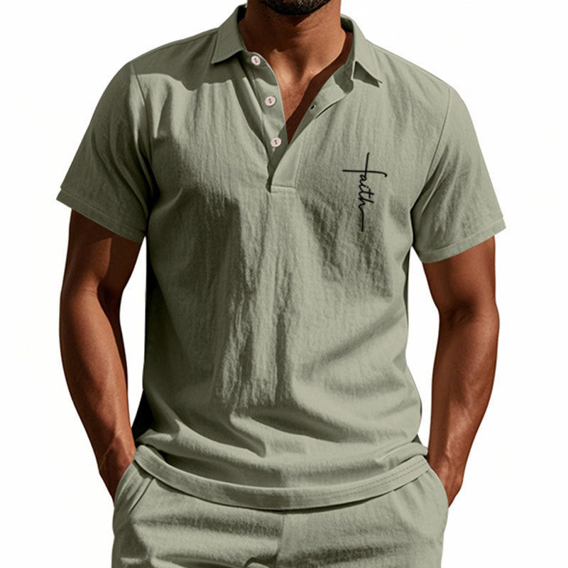 Summer Men's British Style Loose Trendy Breathable Linen Turn-Down Collar Button Polo Shirt Short Sleeve