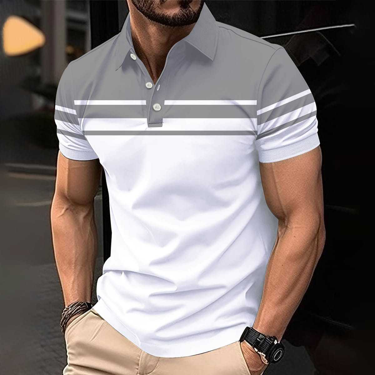 Men's Summer New Casual Versatile Gradient Short Sleeve Button Turn-Down Collar Polo Shirt