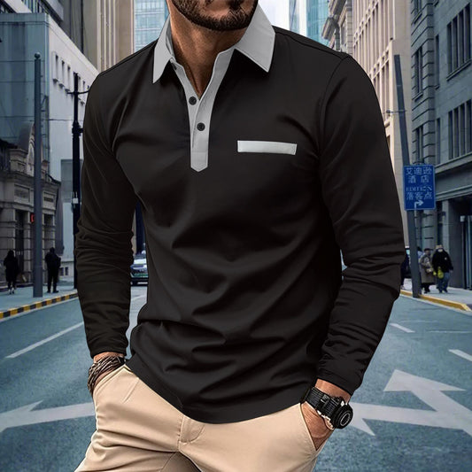 New Wish Autumn Men's Solid Color Casual Button Turn-Down Collar Long Sleeve Pocket Polo Shirt