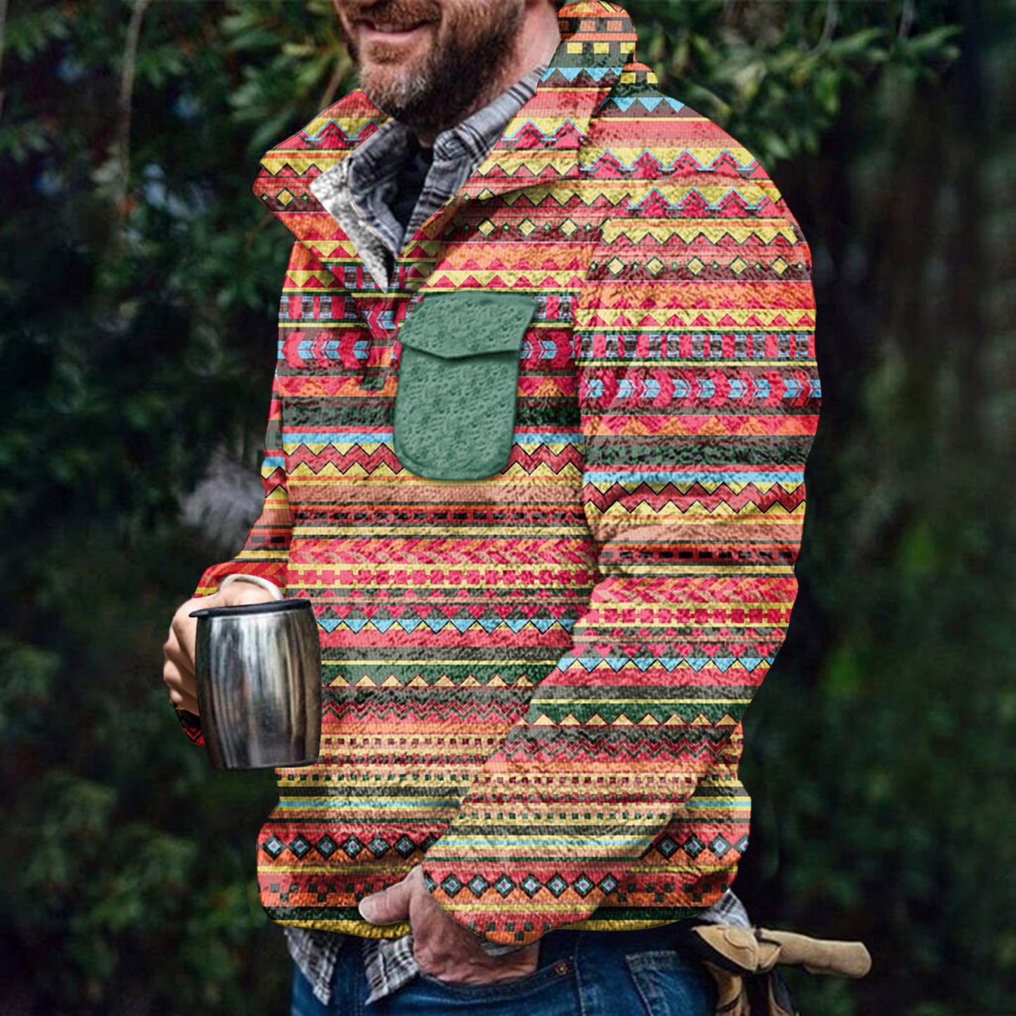 Winter Men's Ethnic 3D Print Faux Fur Hoodie Fashion Casual Wear