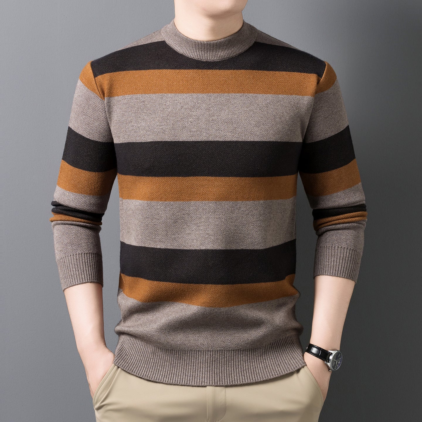 Warm Sweater for Men, Mid-Age Round Neck Striped Jacquard Loose Stretch Knit Base Layer