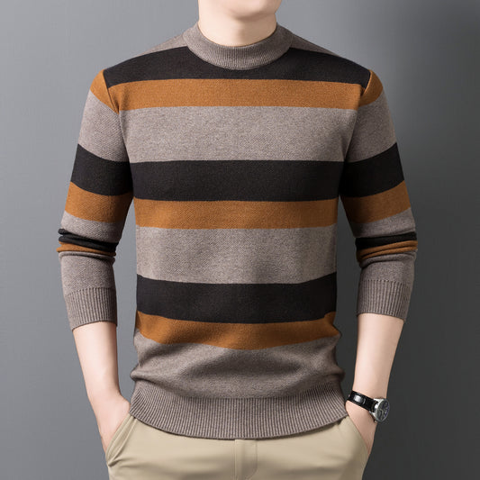 Warm Sweater for Men, Mid-Age Round Neck Striped Jacquard Loose Stretch Knit Base Layer