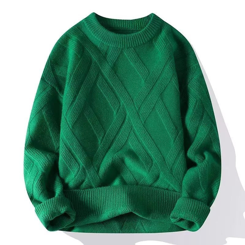 Men's Cable-Knit Sweater Casual Versatile Solid Color Round Neck Pullover