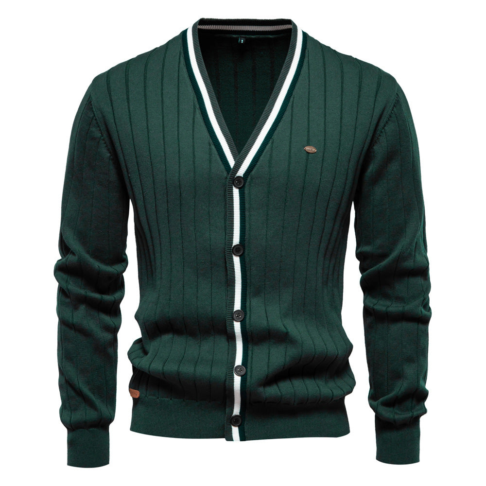 2025 Fall & Winter Men’s V-Neck Cardigan - Trendy Color-Blocked Long Sleeve Knit Sweater