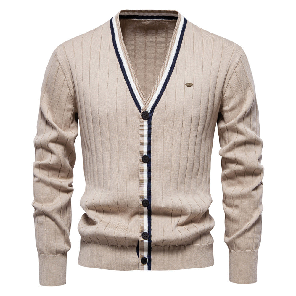 2025 Fall & Winter Men’s V-Neck Cardigan - Trendy Color-Blocked Long Sleeve Knit Sweater