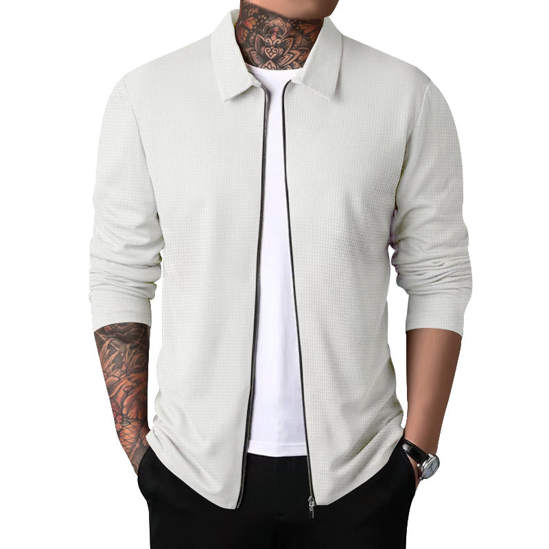 New Men's Zip-Up Waffle Knit Jacket Casual Long-Sleeve Lapel Coat