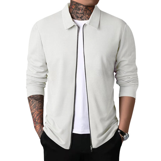 New Men's Zip-Up Waffle Knit Jacket Casual Long-Sleeve Lapel Coat