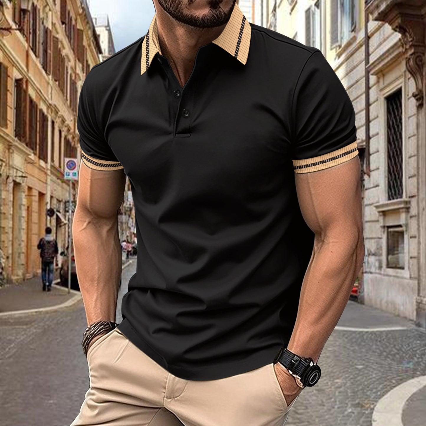 Ins Summer Polo Shirt Color-Block Button Men's Sport Polo Shirt