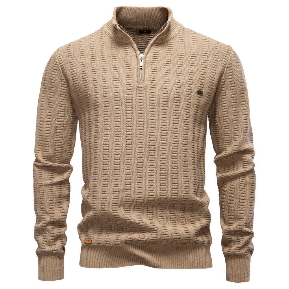 New Striped Jacquard Men’s Semi-Zip Stand Collar Business Sweater