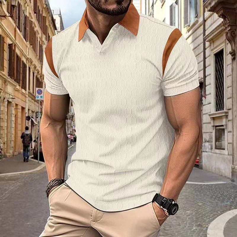 Summer New Slim Fit Polo Shirt Men Waffle Knit Jacquard Color-Block Turn-Down Collar Men's Wear Short Sleeve