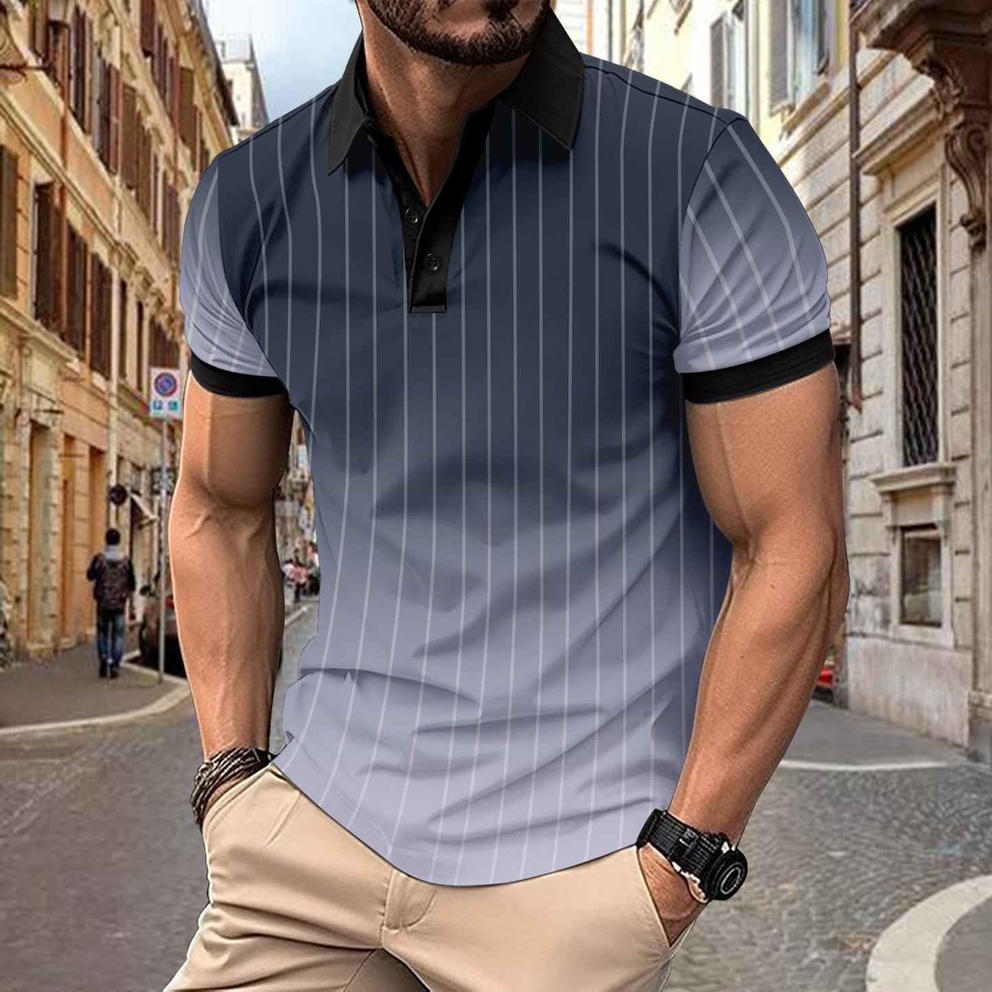 Button Top Casual Minimalist 3D Print Polo Short Sleeve Breathable Men's Wear