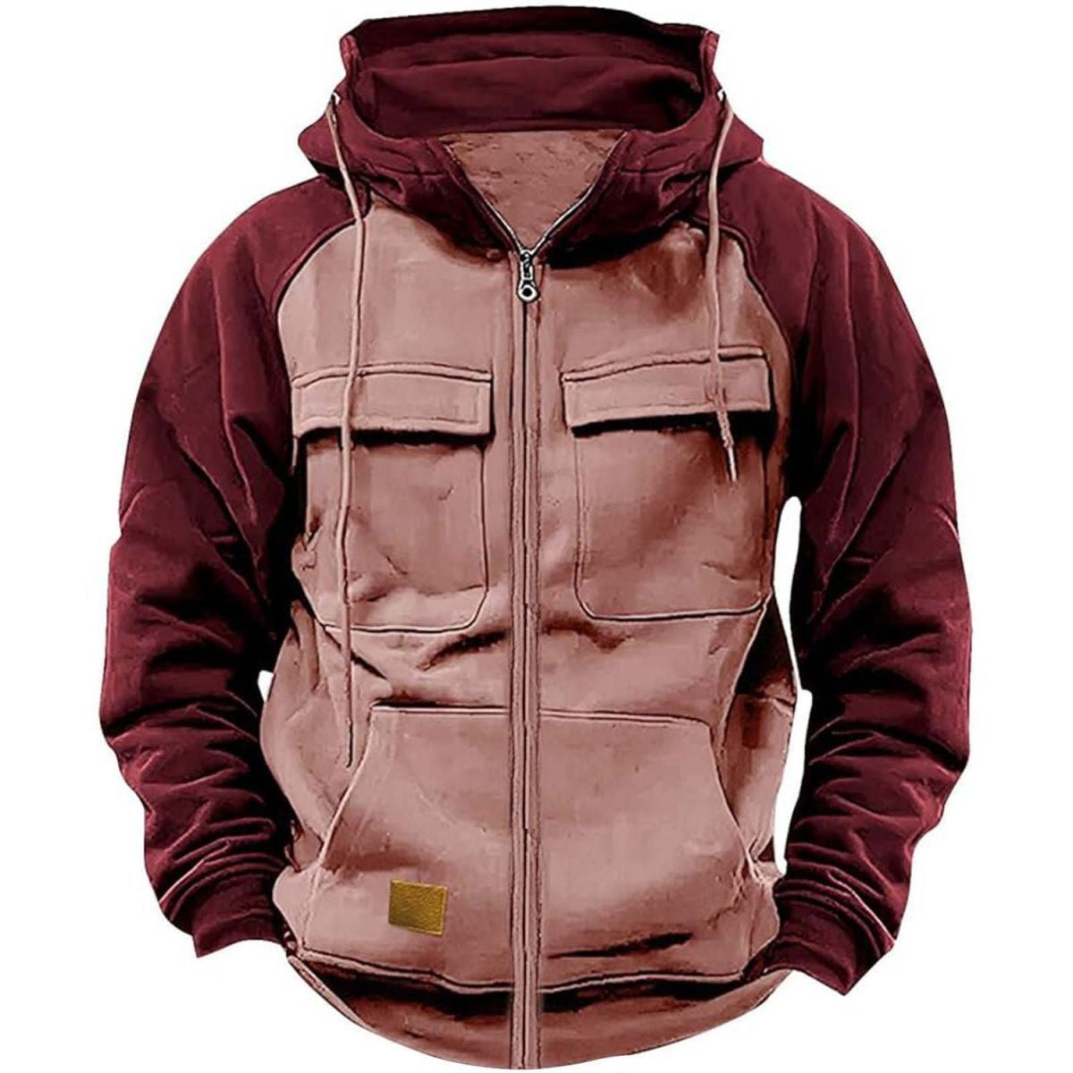 New Men's Solid Color Hoodie Youth Multi-Pocket Leather Patch Workwear