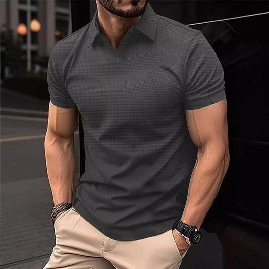 Wish Men's Summer Sport Fitness Casual V-Neck Elastic Texture Short Sleeve Polo Shirt