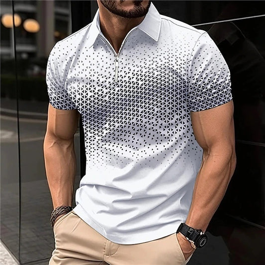 Men's Wear New Independent Site Supply Casual Color-Block Polo Zipper Turn-Down Collar Shirt Short Sleeve