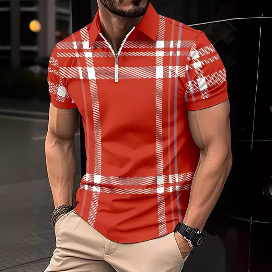 Summer Plaid Print Short Sleeve Top Men's Casual Turn-Down Collar Polo Shirt