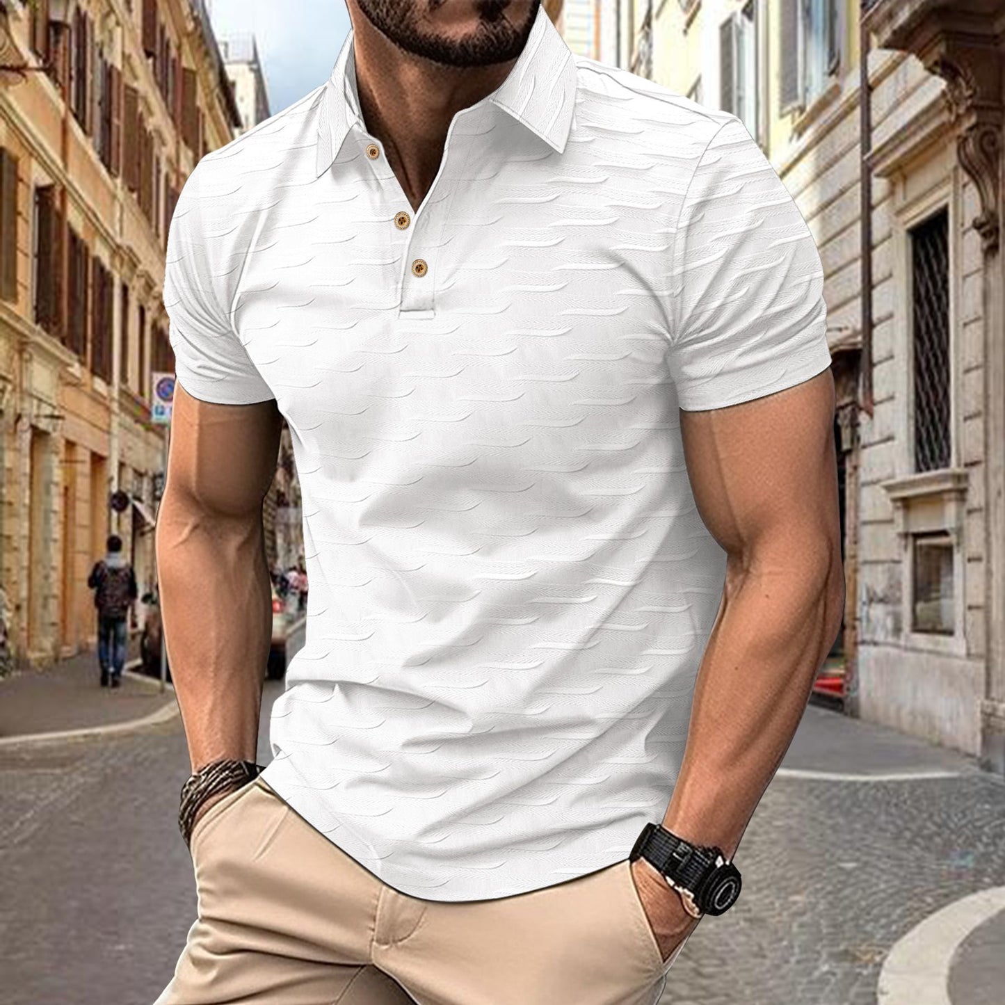 Ins Summer New Minimalist Solid Color Men's Button Jacquard Casual Short Sleeve Polo Shirt