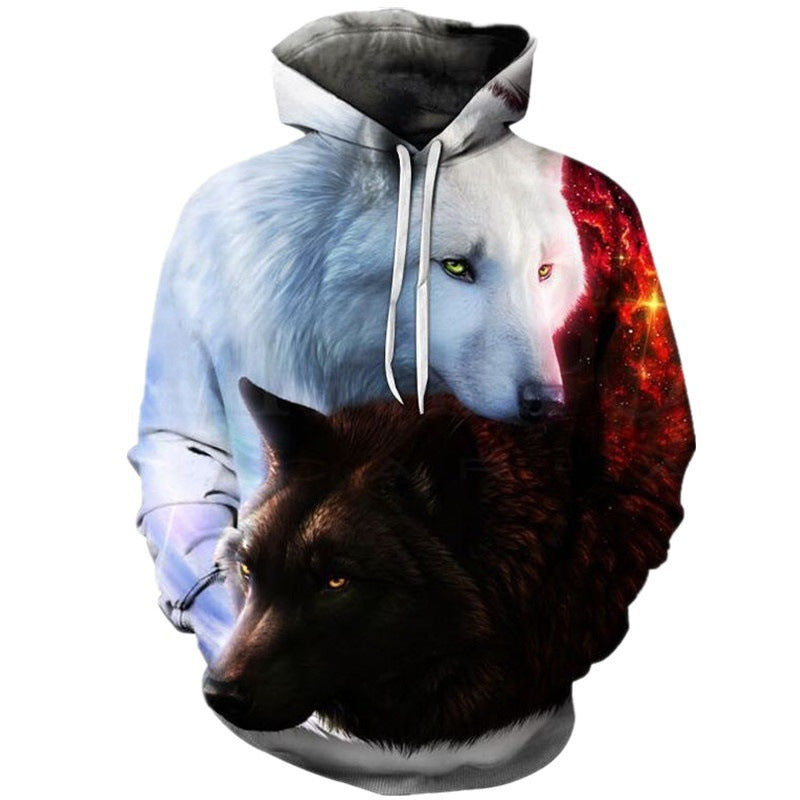 New Men's Autumn Long-Sleeve Hoodie Streetwear Round Neck 3D Wolf Print