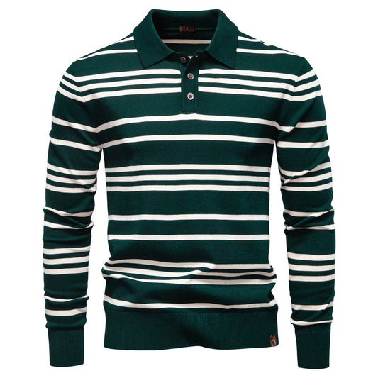 New Turn-Down Collar Striped Polo Knit Sweater for Men