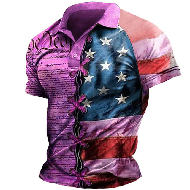 Bestseller Fashion Men's Turn-Down Collar Button Polo Shirt American Independence Day Print Direct Shipping