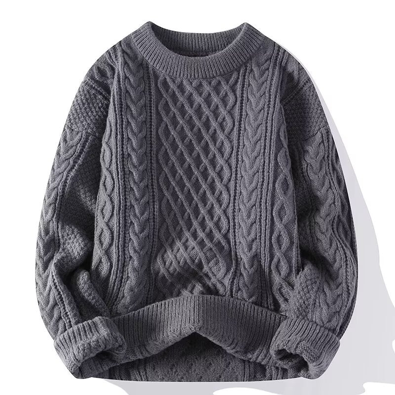 Men's Cable-Knit Sweater Casual Versatile Solid Color Round Neck Pullover