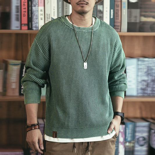 Gelanlu Japanese-Style Pineapple Knit Spring Round Neck Sweater, Chunky Washed Waffle Knit Men's Fashion