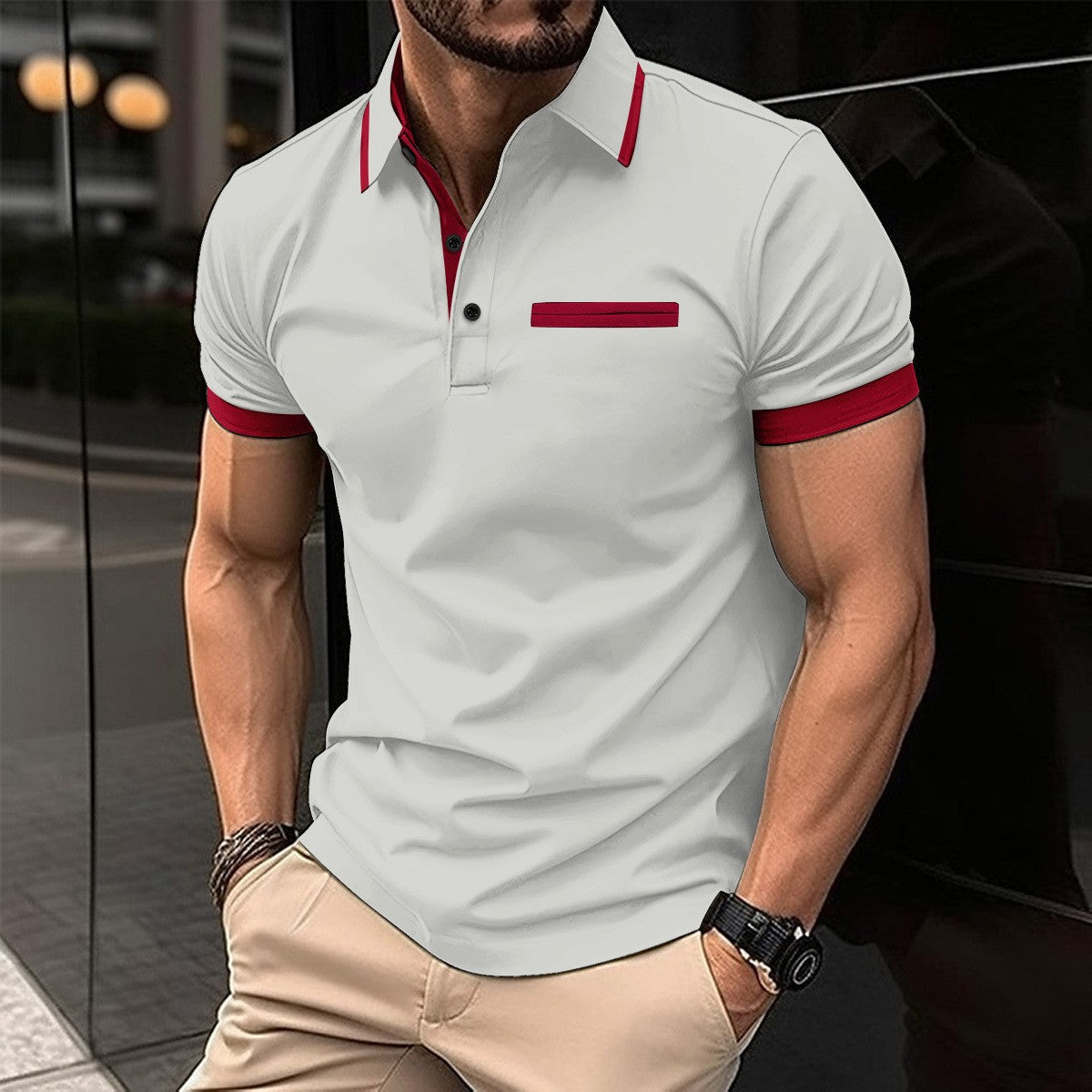 Summer Men's New Casual Turn-Down Collar Chest Fake Pocket Button Color-Block Casual Polo Shirt