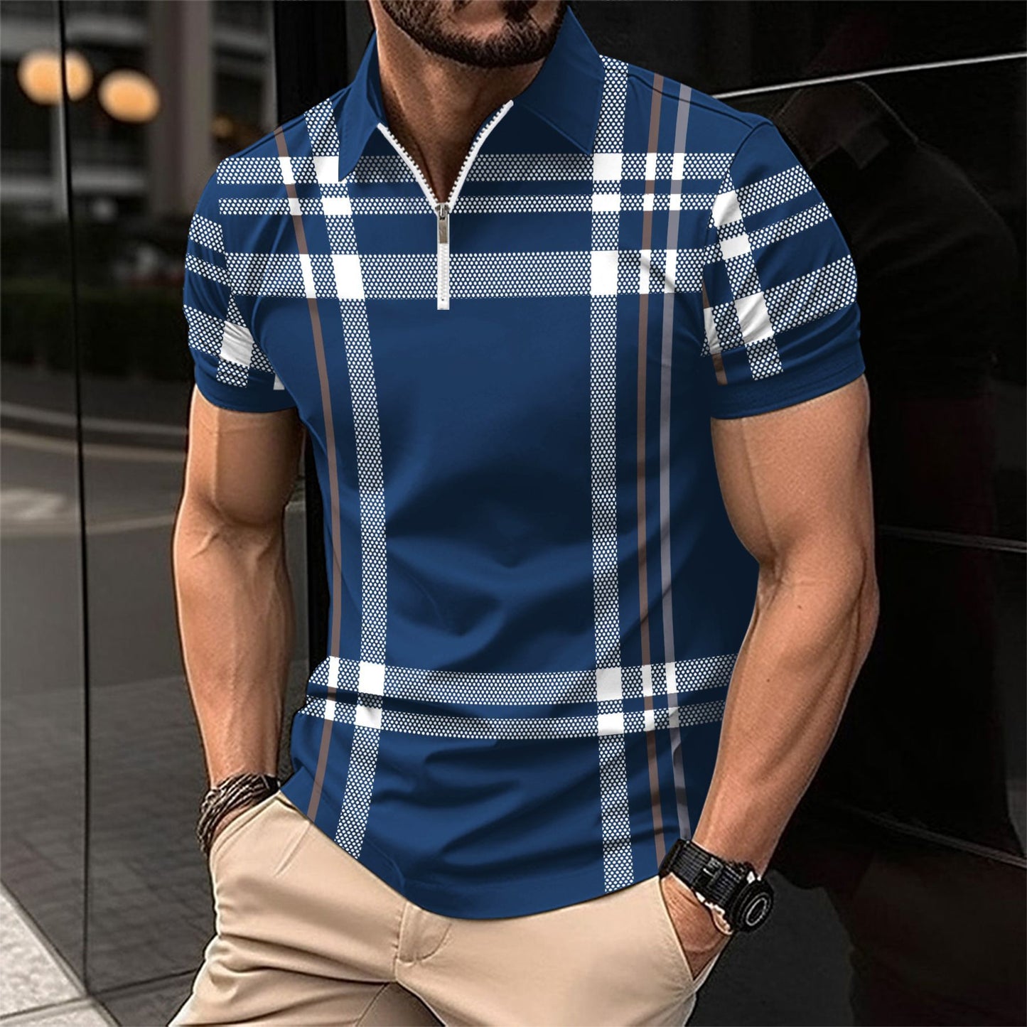 Summer Men's Print Plaid Stripe Polo Shirt Zipper Sport Polo Shirt