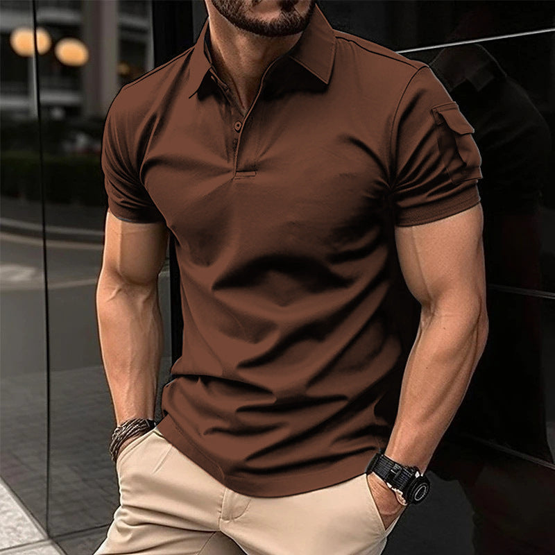 Summer Men's Turn-Down Collar Button Polo Shirt Arm Pocket Sport Polo Shirt