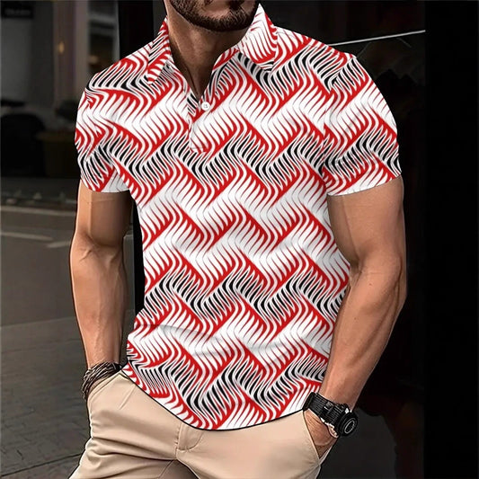 New Stripe 3D Digital Print Men's Short Sleeve Polo Shirt Simple Casual