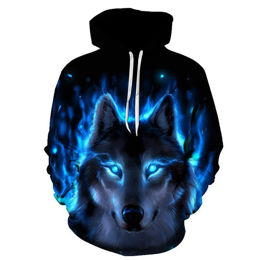New Men's Autumn Long-Sleeve Hoodie Streetwear Round Neck 3D Wolf Print
