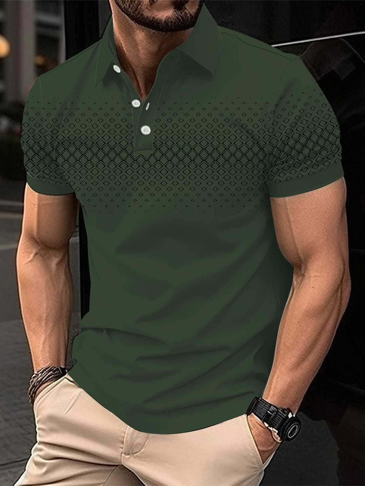 New Men's Wear Simple Casual Polo Shirt Youth Summer Button Plaid Print Polo Shirt Men