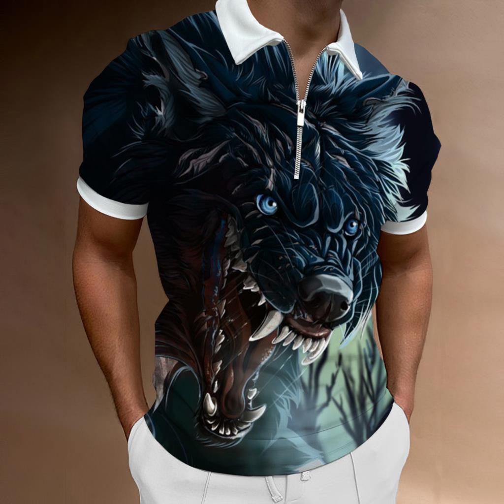 European Size 3D Digital Print Casual Tiger Niche Personality Zipper Polo