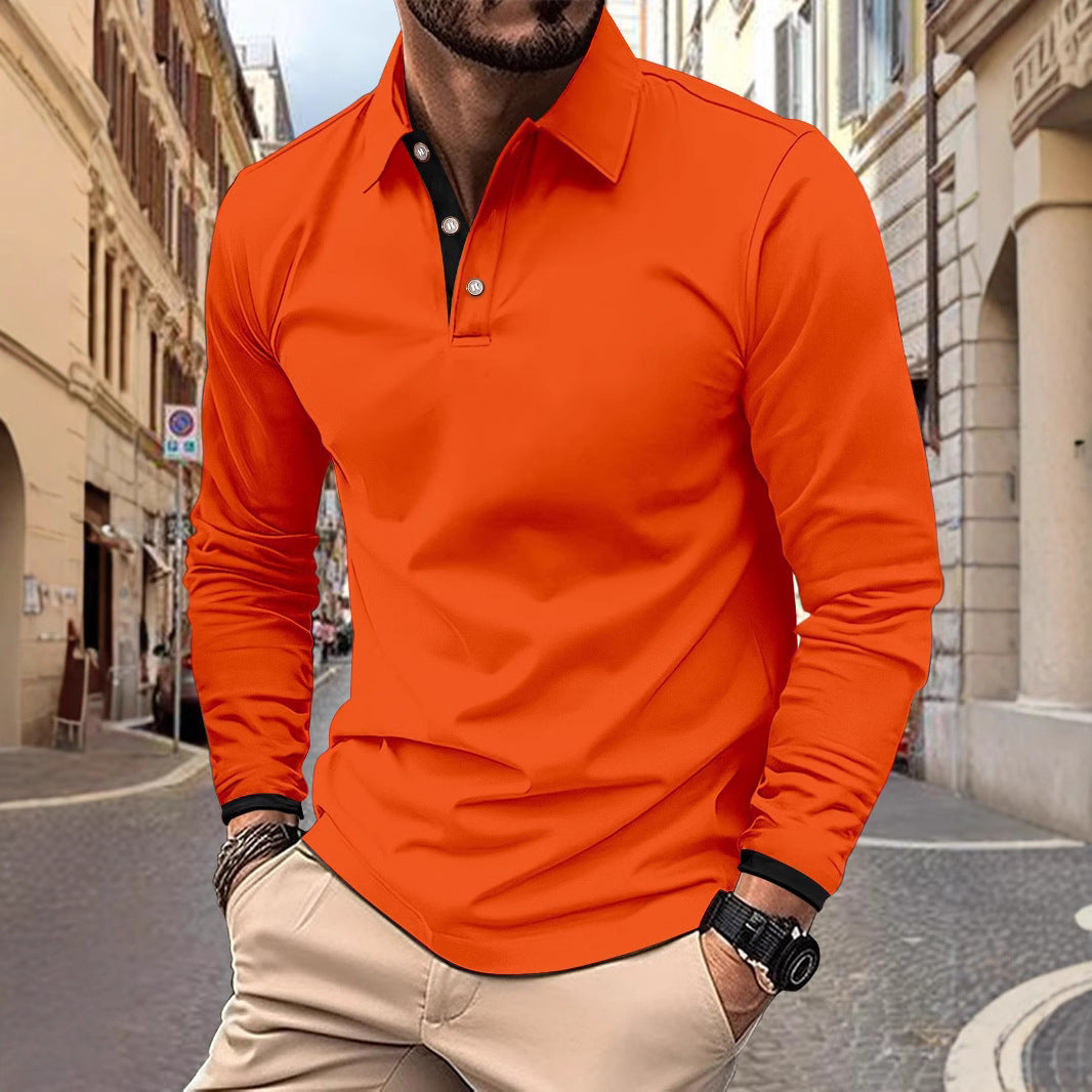 Spring Autumn Men's New Color-Block Outdoor Sport Casual Turn-Down Collar Long Sleeve Casual Sport Polo Shirt