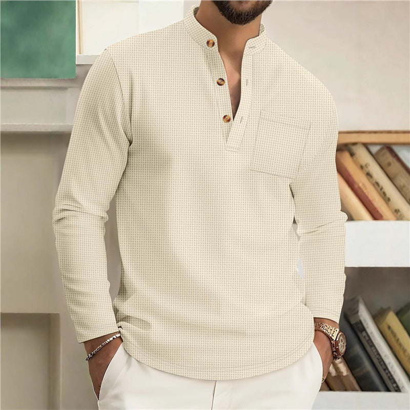 Autumn Men's New Waffle Knit Solid Color Stand Collar Pocket Long Placket Button Long Sleeve Polo Shirt