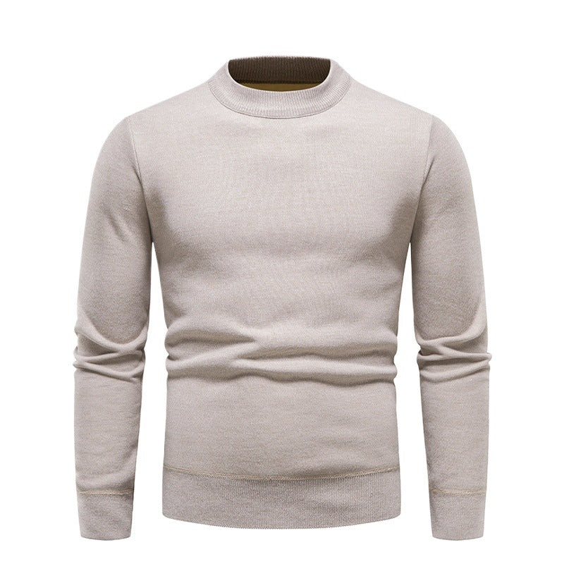 Solid Color Round Neck Fleece-Lined Knit Sweater Men's Long-Sleeve Base Layer T-Shirt