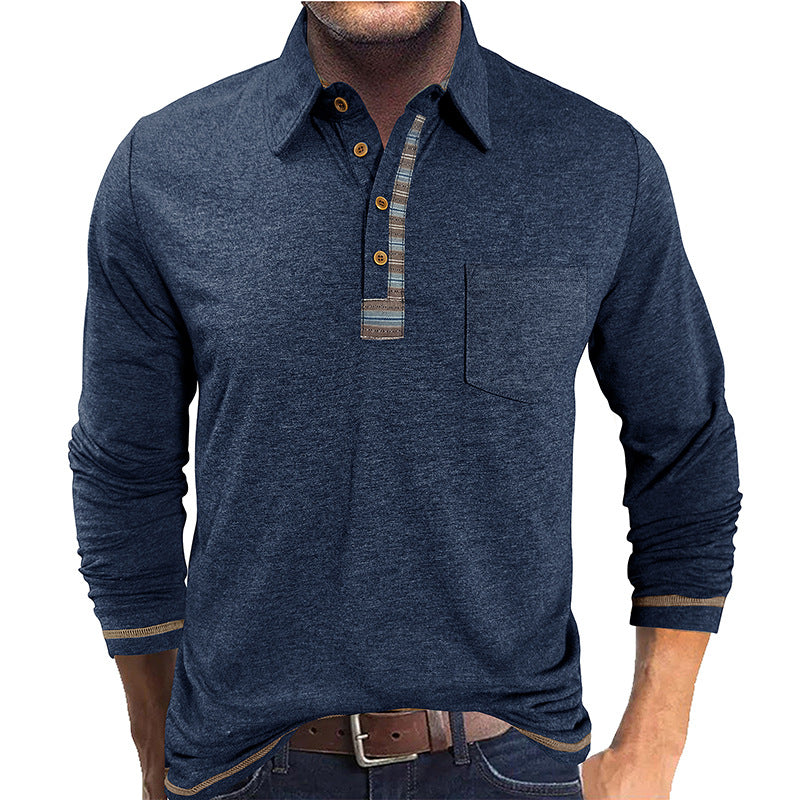 Men's Button-Down Collar Colored Cotton Long Sleeve Polo Casual Fashion Pocket Base Layer Top