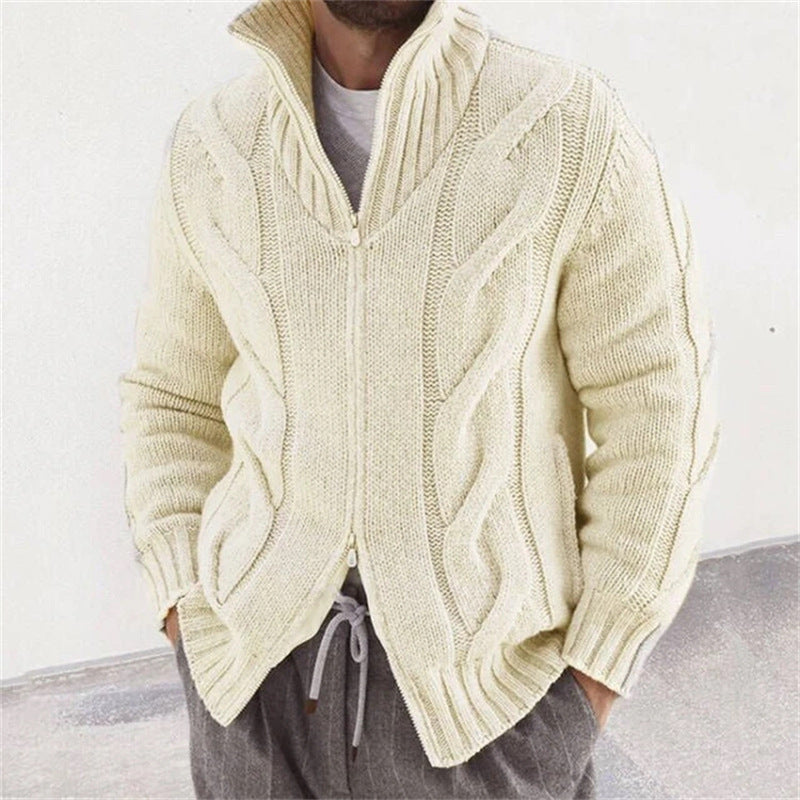 New Men's Solid Color Stand Collar Long-Sleeve Knitted Sweater Fashionable Cardigan